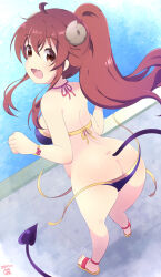 Rule 34 | 1girl, aosora neko, arms at sides, ass, back, bikini, blue bikini, breasts, brown hair, butt crack, curled horns, dated, demon horns, demon tail, dimples of venus, fang, feet, foreshortening, from above, from behind, full body, halterneck, highres, horns, leaning forward, looking at viewer, machikado mazoku, medium breasts, open mouth, orange eyes, poolside, sandals, signature, skin fang, solo, standing, swimsuit, tail, thighs, untied bikini, wardrobe malfunction, wide hips, yoshida yuuko (machikado mazoku)