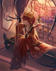 Rule 34 | 1girl, absurdres, architecture, bad id, bad pixiv id, bench, black neckwear, black ribbon, blunt bangs, brown footwear, chinese clothes, commentary, dress, east asian architecture, floral print, hair bun, hair ornament, hand on own head, hanging scroll, headdress, highres, huge filesize, knee up, looking at viewer, nankam, original, parted lips, red dress, red hair, ribbon, scroll, shirt, single hair bun, sitting, solo, sunset, symbol-only commentary, white shirt, wide sleeves, window