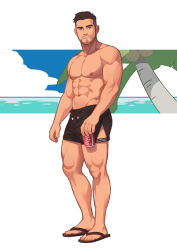 Rule 34 | 1boy, abs, bara, bare pectorals, beach, beard, black male swimwear, black swim trunks, brown hair, bulge, can, coca-cola, day, dolphin shorts, facial hair, full body, highres, holding, holding can, koji (wildlhz), large pectorals, male focus, male swimwear, mature male, muscular, muscular male, navel, nipples, original, outdoors, pectorals, sandals, short hair, shorts, side slit, side slit shorts, simple background, solo, stomach, stubble, swim trunks, swimsuit, thick thighs, thighs, white background