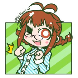 Rule 34 | 10s, 1girl, :d, ^^^, ahoge, akizuki ritsuko, blush stickers, braid, brown eyes, brown hair, clenched hand, glasses, idolmaster, idolmaster (classic), idolmaster cinderella girls, one eye closed, open mouth, setter (seven stars), smile, solo, twin braids, twitter username