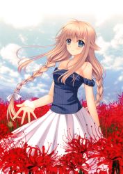 Rule 34 | 1girl, absurdres, bare shoulders, blue eyes, bow, braid, cloud, cloudy sky, collarbone, day, dress, eyebrows, field, flower, flower field, hair bow, hair flaps, highres, light brown hair, long hair, looking at viewer, nishimata aoi, non-web source, original, outdoors, pleated skirt, red flower, scan, skirt, sky, smile, solo, standing, sundress, twin braids, white bow, white skirt