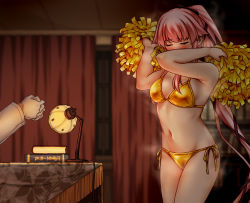 Rule 34 | 1girl, 1other, admiral (kancolle), bikini, blurry, breasts, closed eyes, commentary, commentary request, covering own mouth, cowboy shot, curtains, depth of field, desk, embarrassed, english commentary, gold bikini, hair ribbon, halterneck, highres, holding, holding pom poms, indoors, kantai collection, lamp, long hair, medium breasts, mixed-language commentary, own hands clasped, own hands together, pink hair, pom pom (cheerleading), pom poms, ponytail, ribbon, side-tie bikini bottom, standing, string bikini, suda (yuunagi enikki), swimsuit, toeless footwear, very long hair, window, yura (kancolle)