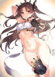 Rule 34 | 1girl, arm behind head, arm up, armlet, asymmetrical legwear, bare arms, bare legs, bare shoulders, black gloves, black hair, black ribbon, black thighhighs, blush, bottomless, breasts, brown hair, cleft of venus, crown, earrings, elbow gloves, fate/grand order, fate (series), female focus, fingerless gloves, gem, gloves, grin, hair ribbon, highres, hoop earrings, ishtar (fate), jewelry, legs, long hair, looking at viewer, medium breasts, navel, neck ring, nude filter, outstretched arm, outstretched hand, pussy, red eyes, revealing clothes, ribbon, single elbow glove, single glove, single thighhigh, smile, solo, thighhighs, thighlet, third-party edit, toeless legwear, tohsaka rin, two side up, type-moon, underwear, uneven legwear, wavy hair, yuran