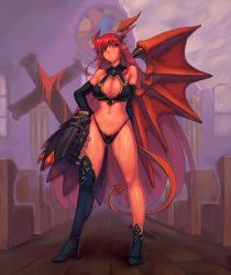 Rule 34 | 1girl, asymmetrical clothes, bare shoulders, blood, boots, breasts, church, cleavage, cleavage cutout, clothing cutout, cross, demon girl, demon tail, demon wings, elbow gloves, gloves, hand on own hip, high heels, highres, hip focus, horns, kurichan, large breasts, long hair, lord of vermilion, midriff, navel, pew, pointy ears, red eyes, red hair, sagano yuuji, shoes, single wing, skull, solo, stained glass, demon girl, succubus (lord of vermilion), tail, thigh boots, thighhighs, very long hair, wings