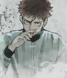 Rule 34 | 1boy, blood, blood from mouth, fighting stance, highres, itadori yuuji, jujutsu kaisen, looking at viewer, male focus, paint splatter, qxq illus, scar, scar on face, signature, solo, track suit, twitter username, undercut, upper body, white background
