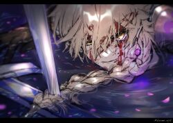 Rule 34 | 1boy, aether (genshin impact), black gloves, blonde hair, blood, blood in hair, blood on face, braid, clenched teeth, genshin impact, gloves, hair between eyes, highres, letterboxed, long hair, looking at viewer, lying, male focus, on stomach, petals, planted, planted sword, planted weapon, single braid, solo, sonomi, sweat, sword, teeth, twitter username, water, weapon, yellow eyes