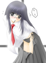Rule 34 | 00s, 1girl, blush, dress shirt, food, glasses, grey panties, hair ornament, hairclip, leaning forward, mouth hold, necktie, open clothes, open skirt, panties, pocky, read or die, red necktie, shirt, side-tie panties, skirt, solo, standing, striped clothes, striped panties, underwear, undressing, yomiko readman