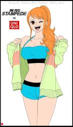 Rule 34 | 1girl, bare shoulders, breasts, chris re5, collarbone, cowboy shot, crop top, long hair, midriff, nami (one piece), navel, one piece, open mouth, orange eyes, orange hair, short shorts, shorts, simple background, smile, uniqlo, white background, wink