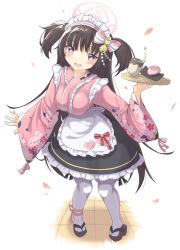 Rule 34 | 1girl, black hair, blue archive, blush, cup, food, full body, hair ornament, highres, long hair, long sleeves, looking at viewer, maid, maid headdress, nemu7777, open mouth, petals, purple eyes, ribbon, shizuko (blue archive), simple background, socks, solo, teacup, thighhighs, tray, wa maid, waitress, white background, white socks