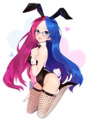 Rule 34 | 1girl, absurdres, animal ears, bare shoulders, black-framed eyewear, black footwear, black leotard, blue eyes, blue hair, bow, bowtie, breasts, detached collar, fang, fishnet thighhighs, fishnets, forehead, full body, glasses, glint, hand up, heart, high heels, highres, hoshiineko, legs up, leotard, long hair, looking at viewer, multicolored hair, open mouth, original, parted bangs, pink hair, rabbit ears, rabbit girl, rabbit tail, simple background, small breasts, solo, split-color hair, tail, thighhighs, thighs, twitter username, two-tone hair, very long hair, white background, wrist cuffs