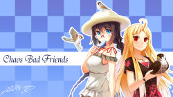 Rule 34 | 2girls, ahoge, animal, bird, black hair, blonde hair, blue background, blue eyes, blush, bracelet, braid, broken heart, checkered background, collarbone, dated, food, glasses, graphite (medium), hat, heart, highres, holding, holding animal, jewelry, long hair, looking at viewer, multiple girls, necklace, original, popsicle, red eyes, scenery, short sleeves, signature, smile, summer, thick eyebrows, traditional media, twin braids, white hat, x-boy