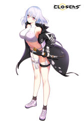 Rule 34 | 1girl, armpits, bandages, bare shoulders, belt, black jacket, black shorts, black socks, breasts, bright pupils, closers, collarbone, crop top, fingerless gloves, full body, gloves, highres, holding, holding sword, holding weapon, jacket, katana, large breasts, long sleeves, looking at viewer, micro shorts, midriff, mirae (closers), navel, non-web source, off shoulder, official art, open clothes, open jacket, parted lips, purple footwear, red eyes, sheath, sheathed, shirt, shoes, short hair, shorts, skindentation, sleeveless, sleeveless shirt, sleeveless turtleneck, socks, solo, standing, stomach, sword, tassel, thigh strap, thighs, turtleneck, weapon, white gloves, white hair, white shirt