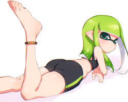 Rule 34 | 1girl, anklet, ass, bad id, bad pixiv id, barefoot, bike shorts, black shorts, black sports bra, blue eyes, blunt bangs, blunt ends, blush, busujima funya, closed mouth, commentary request, crossed arms, from behind, green hair, inkling, inkling girl, inkling player character, jewelry, legs, light frown, looking at viewer, looking back, lying, nintendo, on stomach, pointy ears, shadow, short shorts, shorts, simple background, single vertical stripe, solo, splatoon (series), splatoon 2, sports bra, tentacle hair, white background