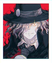 Rule 34 | 1boy, black fire, border, chromatic aberration, cloak, edmond dantes (fate), edmond dantes (first ascension) (fate), fate/grand order, fate (series), fedora, fire, glowing, glowing eye, green cloak, hair over one eye, hat, looking at viewer, male focus, necktie, red background, shiroki1020556, short hair, simple background, smile, solo, wavy hair, white border, white hair, yellow eyes
