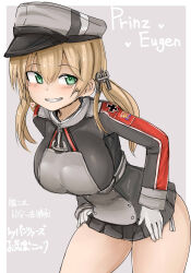 Rule 34 | 1girl, anchor hair ornament, blonde hair, character name, cowboy shot, cross, gloves, green eyes, grey skirt, grin, hair ornament, hat, highres, iron cross, kantai collection, leaning forward, long hair, looking at viewer, low twintails, microskirt, military hat, military uniform, okiraku nikku, peaked cap, pleated skirt, prinz eugen (kancolle), skirt, smile, solo, twintails, uniform, white gloves