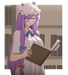 Rule 34 | 1girl, bespectacled, blue bow, blue ribbon, book, bow, breasts, closed mouth, collar, commentary, crescent, crescent hat ornament, expressionless, glasses, hair bow, hat, hat ornament, hat ribbon, highres, holding, holding book, large breasts, long hair, mata (matasoup), mob cap, open book, patchouli knowledge, purple eyes, purple hair, reading, red bow, red ribbon, ribbon, semi-rimless eyewear, short sleeves, solo, touhou, upper body, very long hair