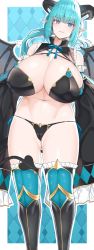 Rule 34 | 1girl, aqua hair, blue eyes, blush, breasts, cameltoe, cleavage, curvy, demon girl, demon tail, highres, huge breasts, kon futoshi, long hair, looking at viewer, navel, pointy ears, revealing clothes, smile, solo, standing, stomach, tail, tall female, thighhighs
