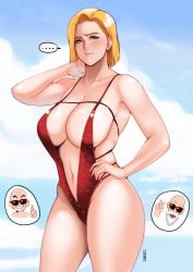 ..., 1girl, 2boys, absurdres, android 18, arm behind head, bald, beard, blonde hair, blue eyes, blue sky, blush, breasts, chibi, chibi inset, cleavage, collarbone, commentary, curvy, day, dragon ball, dragonball z, english commentary, facial hair, forehead, grin, hand on hip, highres, hug, huge breasts, jnsdh, kuririn, mature, multiple boys, muten roushi, navel, nose blush, one-piece swimsuit, plunging neckline, red-framed eyewear, red swimsuit, short hair, sky, smile, solo focus, spaghetti strap, spoken ellipsis, standing, sunglasses, swimsuit, thighs, v