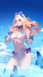 Rule 34 | 1girl, beach, bikini, blonde hair, blue eyes, blue sky, bow, bowtie, breasts, bug, butterfly, cleavage, cloud, eating, food, hair bow, highres, ice cream, image sample, bug, instant ip, long hair, navel, o-ring, o-ring top, ocean, original, pinky out, popsicle, sky, solo, swimsuit, thighs, water