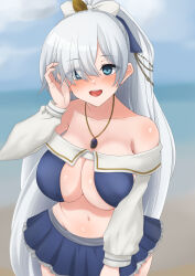 Rule 34 | 1girl, :d, anastasia (fate), arm at side, asymmetrical hair, bare shoulders, bikini, bikini skirt, blue bikini, blue eyes, blue skirt, blurry, blurry background, blush, body blush, breasts, cleavage, collarbone, cowboy shot, fate/grand order, fate (series), frilled skirt, frills, grey hair, hair over one eye, hand in own hair, hand up, highres, jewelry, large breasts, long hair, long sleeves, looking at viewer, navel, necklace, open mouth, pendant, pleated skirt, ponytail, sawatarou (roto), skirt, smile, solo, standing, swimsuit, very long hair, white sleeves, wide ponytail