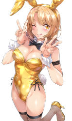 1girl, animal ears, arm garter, bangs, bare shoulders, black bow, blonde hair, blush, bow, bowtie, breasts, bunny ears, bunny tail, cleavage, covered navel, double w, eyebrows visible through hair, fake animal ears, fishnet legwear, fishnets, flipped hair, groin, high heels, highres, isshiki iroha, lace, leotard, looking at viewer, medium hair, nagayori, one eye closed, playboy bunny, sidelocks, smile, standing, standing on one leg, tail, thighhighs, thighs, tongue, tongue out, w, white background, yahari ore no seishun lovecome wa machigatteiru., yellow eyes, yellow footwear, yellow leotard