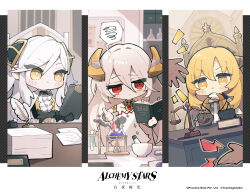 Rule 34 | 3girls, alchemy stars, alcohol burner, ascot, balance scale, black gloves, blonde hair, blush stickers, book, bookmark, carleen (alchemy stars), chair, chibi, clipboard, closed mouth, copyright name, dress, eyebrows hidden by hair, fire, flask, gem, gendou pose, gloves, grey hair, hair between eyes, hair ornament, hair over one eye, hands clasped, highres, holding, holding book, holding clipboard, indoors, ink bottle, irridon (alchemy stars), jewelry, long hair, mortar (bowl), multiple girls, necklace, official art, own hands clasped, own hands together, paper stack, quill, red eyes, second-party source, sitting, smoke, spoken squiggle, squiggle, test tube, test tube rack, tripod (laboratory), upper body, uriel (alchemy stars), very long hair, weighing scale, white ascot, white dress, white hair, yellow eyes