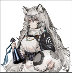 Rule 34 | 1girl, animal ears, arknights, bead necklace, beads, bell, belt, belt pouch, black cloak, border, braid, breasts, circlet, cloak, closed mouth, commentary, cowboy shot, dress, eyelashes, grey eyes, guangsupaomian, hair between eyes, holding tail, jewelry, large breasts, leopard ears, leopard tail, long hair, necklace, pouch, pramanix (arknights), ribbed sweater, side braids, silver hair, simple background, solo, sweater, tail, turtleneck, turtleneck sweater, twin braids, white background, white dress, white sweater