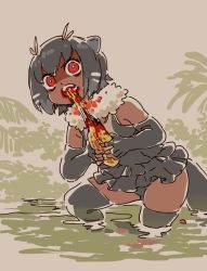 Rule 34 | 10s, 1girl, animal ears, borrowed character, bright pupils, commentary, dark-skinned female, dark skin, eating, elbow gloves, evil eyes, fictional persona, fingerless gloves, food, fur collar, giant otter (kemono friends) (kuro (kurojill)), gloves, grey gloves, grey hair, grey shirt, grey thighhighs, holding, holding food, japari bun, kemono friends, leaning forward, looking at viewer, messy, mitsumoto jouji, open mouth, original, otter ears, otter tail, pleated skirt, red eyes, saturn devouring his son, shaded face, shirt, short hair, skirt, sleeveless, sleeveless shirt, solo, standing, tail, thighhighs, v-shaped eyebrows, wading