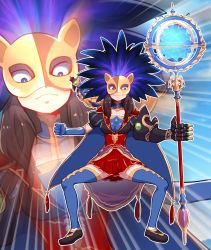 Rule 34 | 1girl, black footwear, blue eyes, blue gloves, blue thighhighs, breasts, brown hair, clenched hand, closed mouth, commentary request, emphasis lines, fate/grand order, fate (series), gauntlets, gloves, holding, legs apart, leonardo da vinci (fate), long hair, looking at viewer, mask, matsumoto tomoyohi, medium breasts, pleated skirt, red skirt, shoes, skirt, smile, solo, staff, standing, thighhighs, wide-eyed