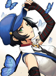 Rule 34 | 1girl, adjusting clothes, adjusting headwear, bare shoulders, black hair, black necktie, blue butterfly, blue headwear, breasts, bug, butterfly, choker, elbow gloves, fingerless gloves, gloves, highres, insect, kuki tan, lips, lock, looking at viewer, marie (persona 4), necktie, persona, persona 4, short hair, small breasts, solo, striped clothes, striped gloves, upper body, white background