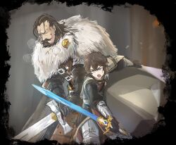 Rule 34 | 2boys, armor, artist name, beard, belt, brown hair, cape, facial hair, father and son, fighting, fur cape, gloves, height difference, holding, holding sword, holding weapon, male focus, multiple boys, mustache, niyasu, open mouth, scratches, serenoa wolffort, sketch, sword, symon wolffort, triangle strategy, weapon