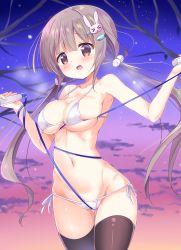 Rule 34 | 1girl, armpits, bare arms, bare shoulders, bare tree, bikini, black thighhighs, blush, breasts, brown eyes, brown hair, cloud, collarbone, cowboy shot, entangled, fang, gradient sky, groin, hair bobbles, hair ornament, hairpin, highres, jump rope, kurou (quadruple zero), large breasts, long hair, low twintails, navel, night, night sky, open mouth, original, pussy juice, rabbit hair ornament, side-tie bikini bottom, sidelocks, skindentation, sky, solo, star (sky), starry sky, sweat, swimsuit, tears, thighhighs, tree, twintails, very long hair, white bikini