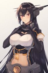 Rule 34 | 1girl, black coat, black gloves, black hair, blush, breasts, closed mouth, coat, commentary request, elbow gloves, gloves, hair between eyes, headgear, heart, heart hands, highres, kantai collection, kasumi (skchkko), large breasts, long coat, long hair, nagato (kancolle), nagato kai ni (kancolle), navel, partially fingerless gloves, red eyes, solo, upper body