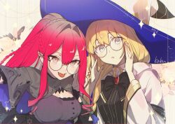Rule 34 | 2girls, artist name, baobhan sith (fate), baobhan sith (swimsuit pretender) (fate), baobhan sith (swimsuit pretender) (second ascension) (fate), black bow, blonde hair, blue eyes, bow, breasts, fate/grand order, fate (series), glasses, grey eyes, hat, kabutomushi s, large breasts, long hair, multiple girls, pink hair, pointy ears, aesc (fate), tongue, tongue out, witch hat