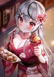 Rule 34 | 1girl, :q, absurdres, black hair, blush, breasts, cleavage, commentary request, double-parted bangs, dress, floral print, floral print kimono, flower, food, grey hair, hair flower, hair ornament, hairclip, highres, hololive, japanese clothes, kanzashi, kimono, large breasts, licking lips, looking at viewer, luna nyann, multicolored hair, obi, off-shoulder dress, off shoulder, official alternate costume, official alternate hair length, official alternate hairstyle, red eyes, red kimono, sakamata chloe, sash, solo, streaked hair, summer festival, takoyaki, tongue, tongue out, virtual youtuber, wide sleeves, x hair ornament, yukata