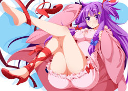 Rule 34 | 1girl, ass, barefoot, blue bow, bow, breasts, crescent, crescent hair ornament, dress, eichi yuu, feet, hair bow, hair ornament, hair ribbon, high heels, knees together feet apart, large breasts, legs up, long hair, long sleeves, patchouli knowledge, purple eyes, purple hair, red bow, red footwear, red ribbon, ribbon, shoes, short dress, sidelocks, single shoe, skin tight, solo, touhou, wide sleeves