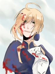 Rule 34 | 1girl, ahoge, armor, artoria pendragon (all), artoria pendragon (fate), blonde hair, blood, blood on clothes, blood on face, blue ribbon, braid, breastplate, fate/grand order, fate (series), french braid, green eyes, hair over one eye, hair ribbon, highres, looking at viewer, lyosphe, ribbon, saber (fate), smile, solo, upper body, white background