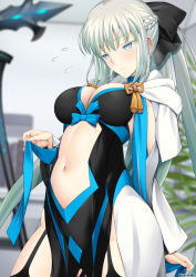 Rule 34 | 1girl, black bow, black dress, blue eyes, bow, braid, breasts, center opening, cleavage, dress, fate/grand order, fate (series), flying sweatdrops, french braid, grey hair, hair bow, highres, large breasts, long hair, long sleeves, looking to the side, morgan le fay (fate), pelvic curtain, polearm, ponytail, sidelocks, solo, spear, thighs, two-tone dress, unadon, very long hair, weapon, white dress, wide sleeves