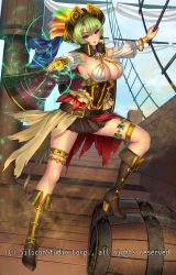 Rule 34 | 1girl, barrel, belt, boots, bracelet, breasts, brown footwear, cape, cleavage, company name, day, feathers, full body, green hair, gun, gyakushuu no fantasica, hat, highres, huge breasts, jewelry, knee boots, looking at viewer, miniskirt, official art, open mouth, pink eyes, pirate hat, ryuki@maguro-ex, short hair, sideboob, skirt, sky, solo, standing, veins, veiny breasts, weapon