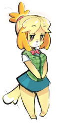 Rule 34 | 1girl, animal crossing, animal ears, bad id, bad pixiv id, barefoot, blonde hair, blush stickers, body fur, breasts, bright pupils, chibi, dog, dog ears, dog girl, full body, furry, furry female, isabelle (animal crossing), nintendo, pigeon-toed, scrunchie, sho-n-d, simple background, skirt, solo, tail, taut clothes, topknot, vest, white background