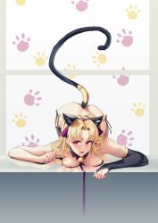 Rule 34 | 1girl, animal ears, animal hands, asymmetrical clothes, asymmetrical sleeves, bikini, blonde hair, breast press, cat ears, cat tail, commentary, commentary request, earrings, ereshkigal (fate), fate/grand order, fate (series), highres, jewelry, long hair, md5 mismatch, open mouth, paw pose, red eyes, resolution mismatch, side-tie bikini bottom, single thighhigh, solar (happymonk), solo, source smaller, swimsuit, tail, thighhighs, top-down bottom-up, uneven sleeves, very long hair