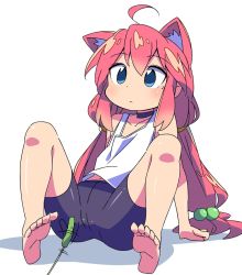 Rule 34 | 1girl, ahoge, animal ear fluff, animal ears, bad id, bad twitter id, barefoot, bike shorts, blue eyes, cat ears, cat teaser, choker, commentary request, hair bobbles, hair ornament, highres, hinata channel, leaning back, long hair, low twintails, nekomiya hinata, pink hair, roku no hito, shorts, sitting, solo, spread legs, twintails, vest, virtual youtuber, white vest