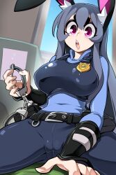 Rule 34 | 1girl, absurdres, animal ears, black pants, blue shirt, bongfill, breasts, buck teeth, cosplay, cuffs, grey hair, handcuffs, highres, holding, holding handcuffs, judy hopps, judy hopps (cosplay), large breasts, long hair, long sleeves, looking at viewer, open mouth, original, pants, police badge, purple eyes, rabbit ears, rabbit girl, shirt, solo, teeth, upper teeth only, zootopia