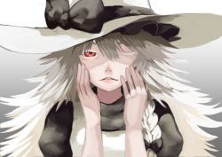 Rule 34 | 1girl, albino, alternate color, berabou, bow, braid, gradient background, hair bow, hat, kirisame marisa, long hair, one eye closed, red eyes, ribbon, solo, touhou, witch hat