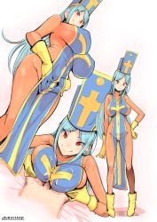 Rule 34 | are (arearee), blue hair, bodysuit, breasts, dragon quest, full body, highres, huge breasts, large breasts, multiple views, orange bodysuit, paizuri, paizuri over clothes, priest, priest (dq3), red eyes, skin tight, smile
