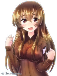 Rule 34 | 1girl, artist name, brown eyes, brown hair, girls und panzer, hands up, highres, jacket, long hair, looking at viewer, oekaki lemon, open mouth, saunders military uniform, solo, star (symbol), twitter username, unnamed character, white background