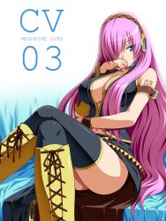 Rule 34 | 1girl, black thighhighs, blue eyes, boots, breasts, cleavage, crossed legs, female focus, hair over one eye, headphones, knee boots, large breasts, legs, long hair, long legs, megurine luka, navel, pink hair, sitting, solo, tattoo, thighhighs, thighs, vocaloid, xai