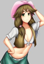 Rule 34 | 10s, 1girl, brown hair, contrapposto, cowboy hat, flat chest, green eyes, hat, highres, long hair, midriff, navel, open clothes, open vest, sakura meifon, shirt, skirt, solo, standing, tied shirt, tony guisado, valkyrie drive, valkyrie drive -mermaid-, vest