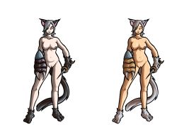 Rule 34 | 00s, 2girls, absurdres, animal ears, black hair, blue eyes, breasts, cat ears, cat tail, highres, maplestory, multiple girls, nude, pussy, red eyes, smile, tail, uncensored, weapon, white hair