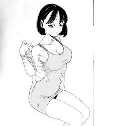 Rule 34 | 1girl, absurdres, bad id, bad pixiv id, black hair, blush, bra strap, breasts, cleavage, closed mouth, dende (dndn222), dress, earrings, greyscale, highres, jewelry, large breasts, looking at viewer, monochrome, original, scan, scan artifacts, short dress, short hair, sitting, solo, traditional media, undressing